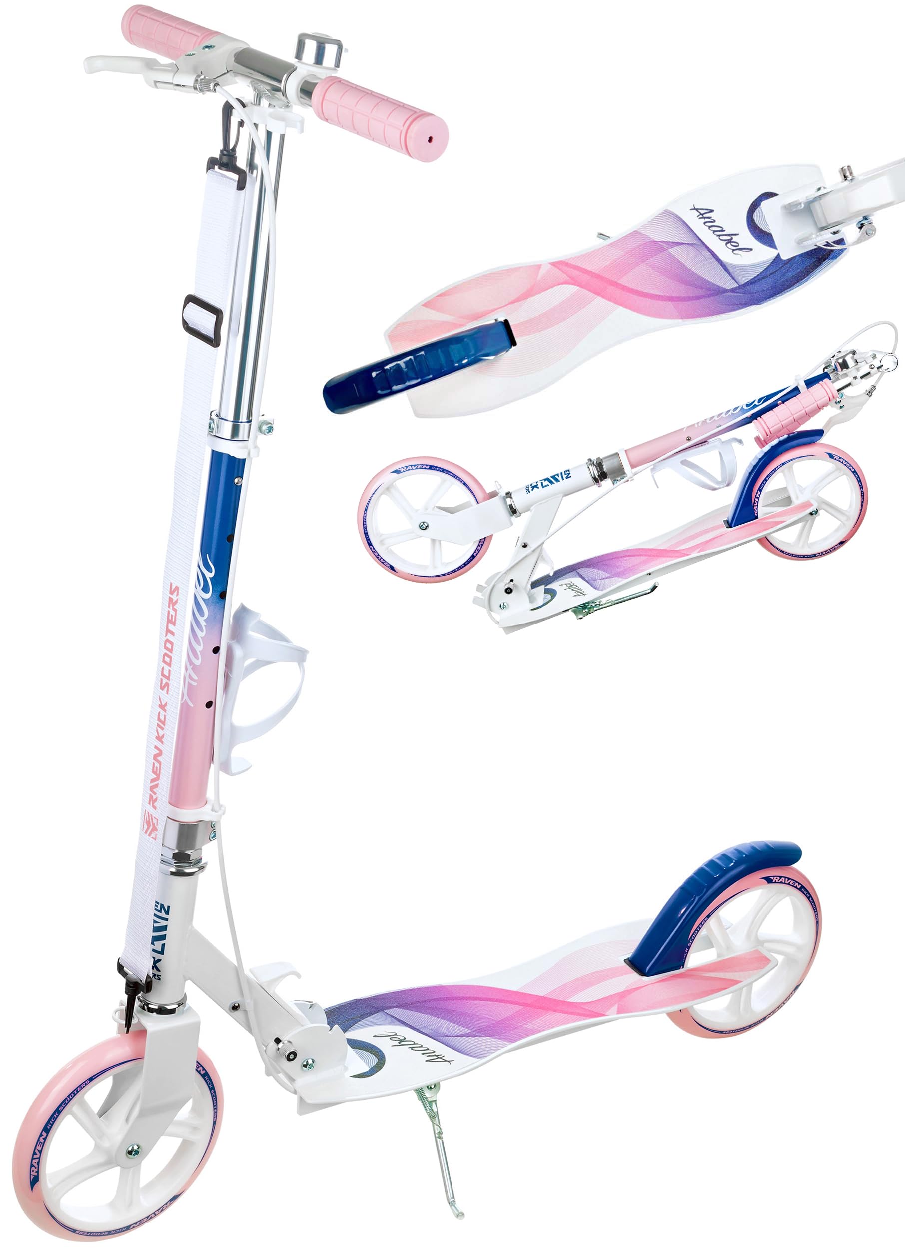 Raven - Patinete para niños y Adultos - Scooter - Patinete - Plegable, Ajustable, Correa de Transporte, Timbre, portabotellas