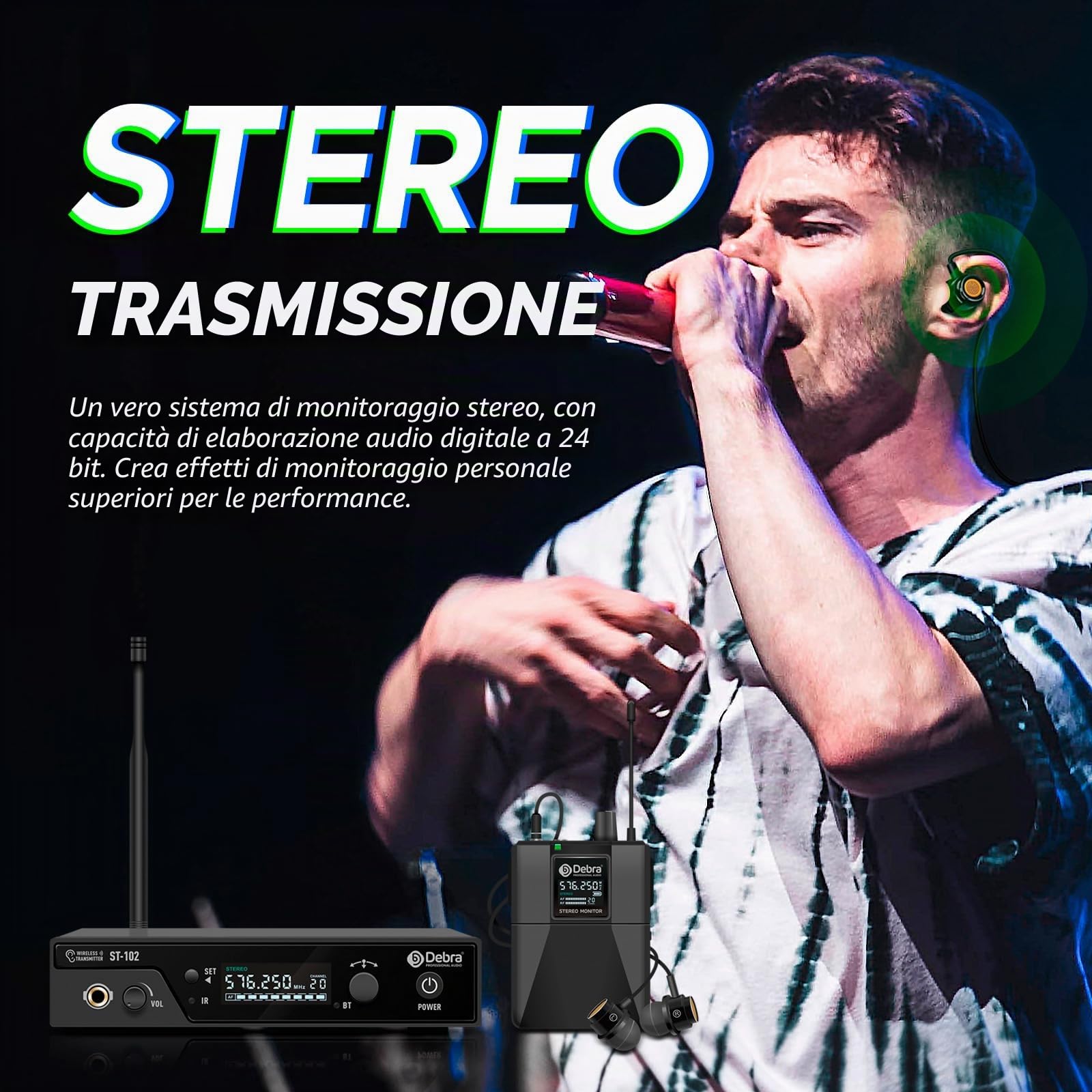 Debra UHF sistema di monitoraggio in-ear senza fili, con bodypacks e cuffie, trasmettitore e ricevitore 560 – 590 MHz per DJ, chiesa, eventi, registrazioni, performance