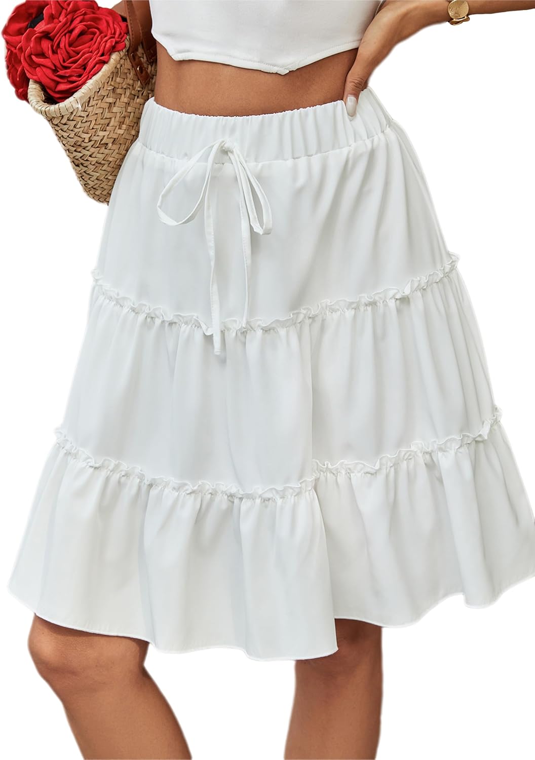 BARASA Women's Casual Skirt 2026 Summer Ruffle A Line Tie Waist Flowy Bohe Solid Vacation Mini Skirts D685