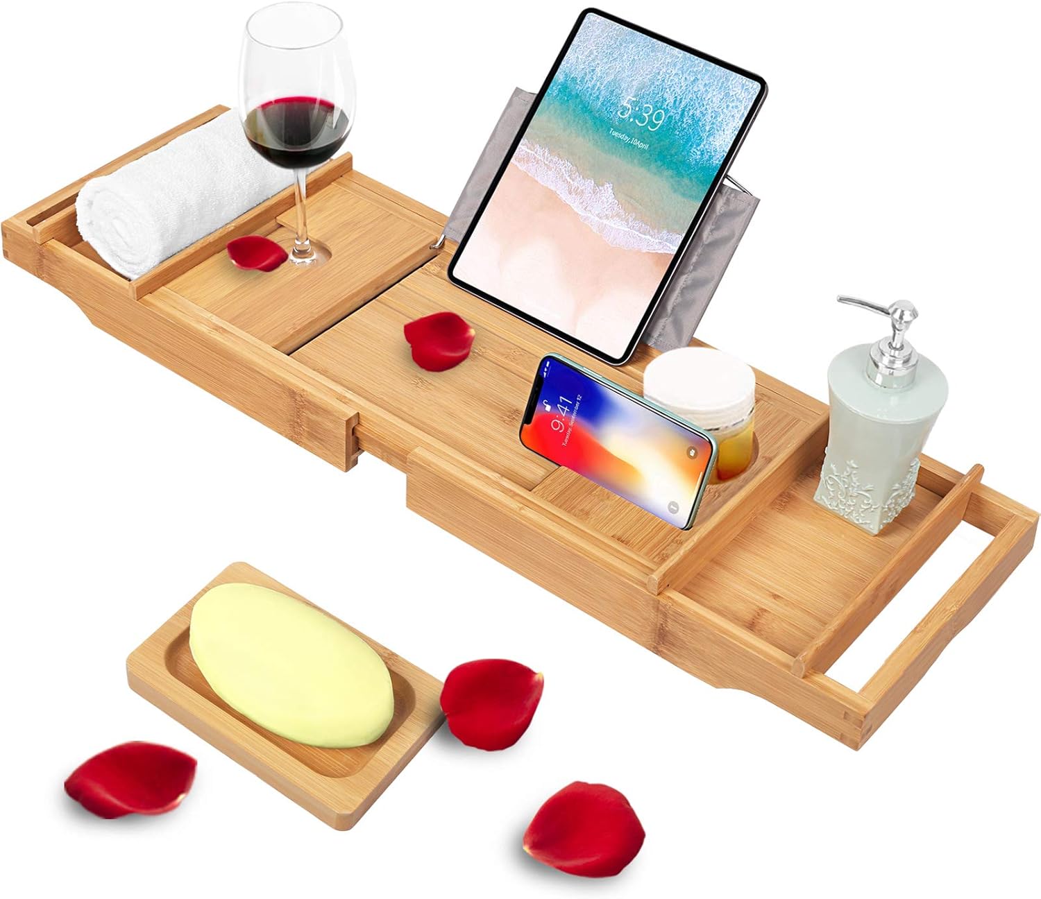 Bamboo Bathtub Caddy Tray Expandable for Luxury Bath,Bath Accessories & Table with Wine Glass Holder,Book Stand Bathroom Organizer with Extending Sides for Men/Women,Free Soap Holder,Black: Kitchen & Dining