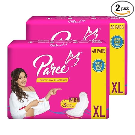 Paree Soft & Rash Free Sanitary Pads for Women|XL- 40 Pads each (Combo of 2)|Quick Absorption|Heavy Flow Champion|Double Feathers for Extra Coverage|Gentle Fragrance|Leakage-Proof|Skin Friendly