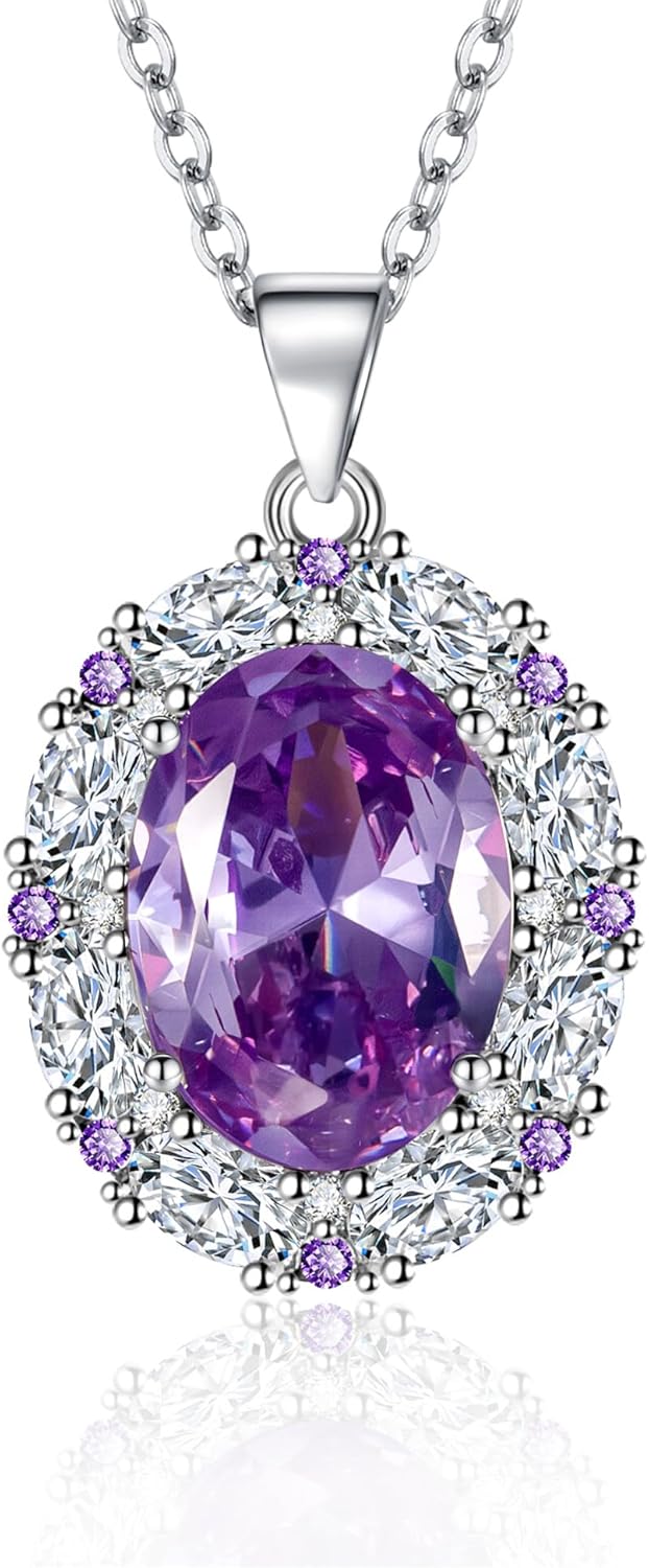 Purple Zirconia Necklace for Women Elegant Cubic Zirconia Pendant Stainless Steel Birthstone Jewelry, 18+2″ Adjustable Chain Dainty Gift for Birthday, Bridesmaids, Anniversary