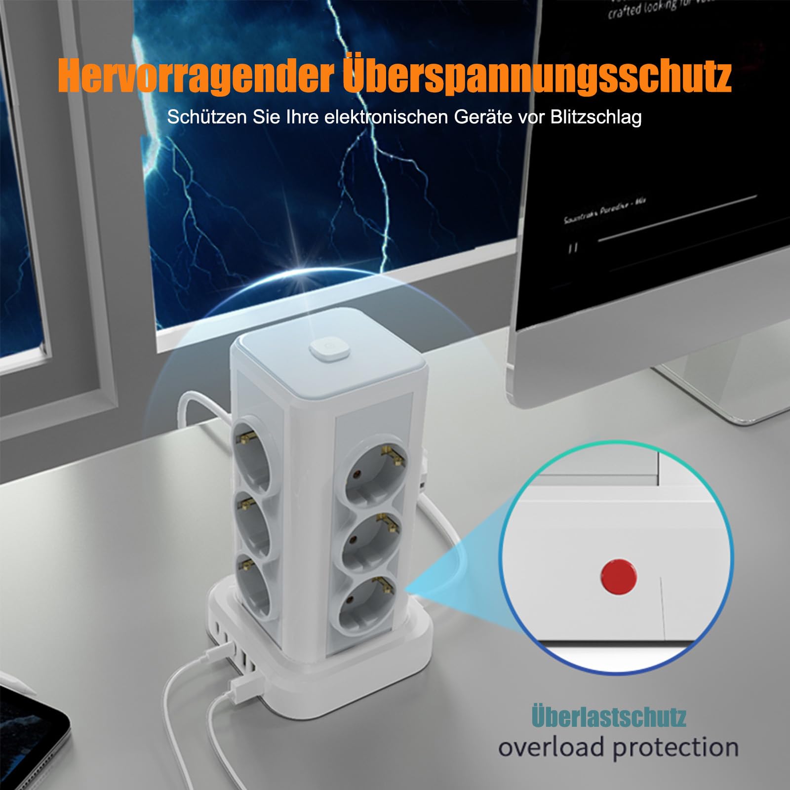 Regleta con USB 12 compartimentos, AOUOO Regleta múltiple con interruptor, 4000 W, 16 A, protección contra sobretensiones, torre de enchufe, cable alargador de 2 m para casa, oficina, cocina, cable de