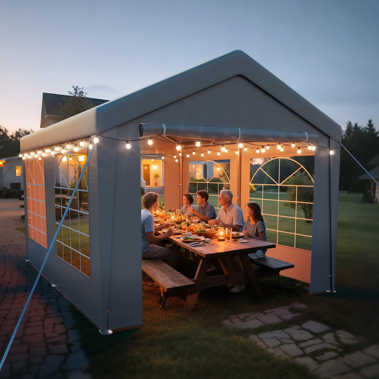 Cenador de 3 x 4 m con 2 paredes laterales y 2 piezas a dos aguas, tu lugar de fiesta al aire libre para relajarse, carpa para fiestas con construcción de pernos, protección contra el viento