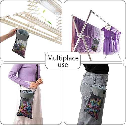 Miniatura 5 de AFUOWER Bolsa de malla para tendedero para colgar al aire libre, organizador de almacenamiento con cordón (gris)