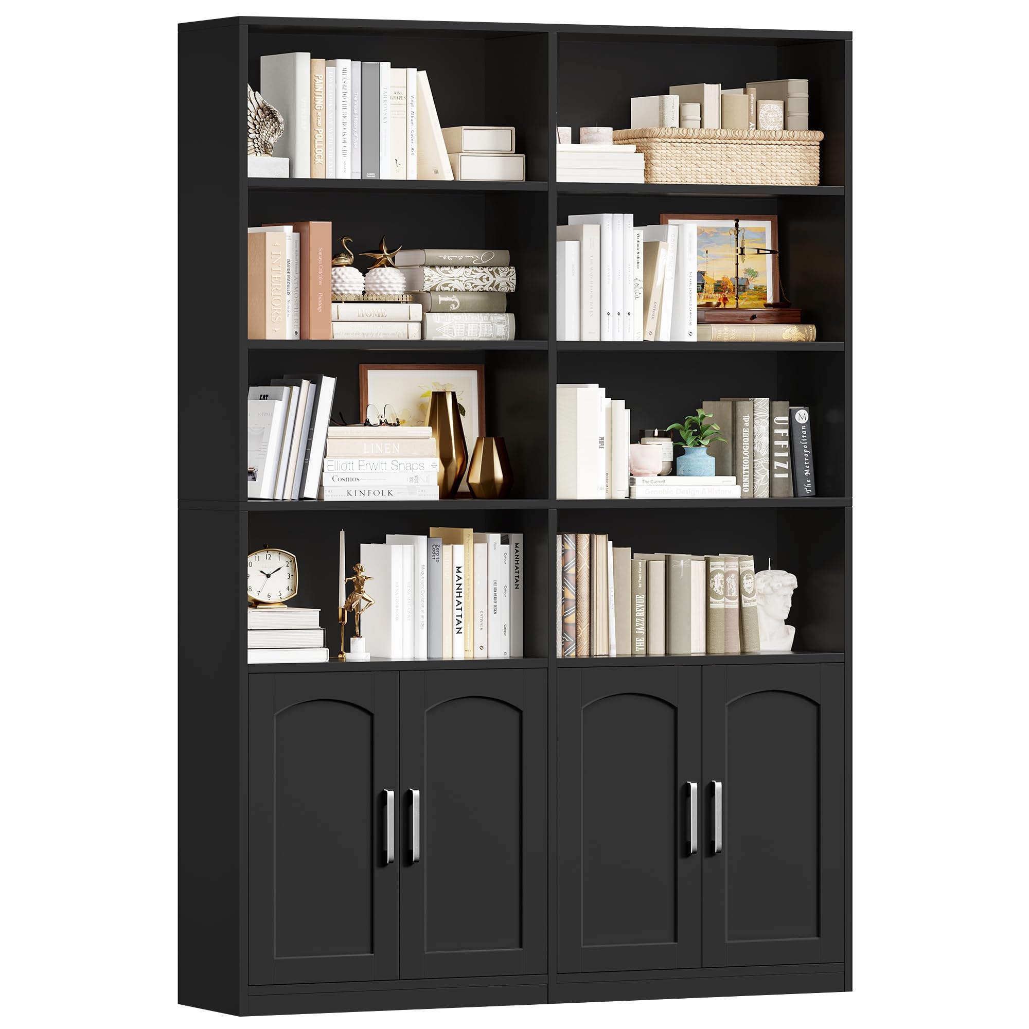 FirFurd Bookcase 6-Tier Bookshelf with Doors 185.5cm Living Room Bookcase Free Standing Display Shelf Tall Shelving Unit for Home Office Black 115x27x185.5cm