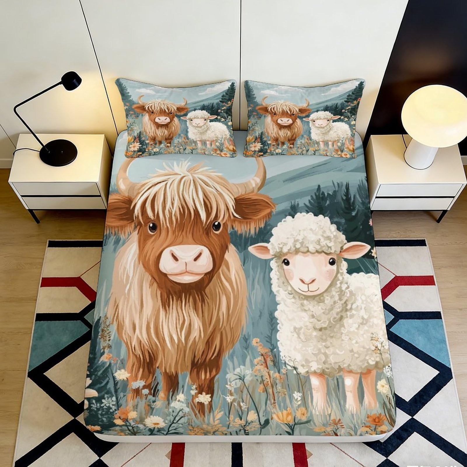 3D Printed Cow Sheep Pattern Fitted Sheet Microfiber Deep Pocket Non-Slip Bedroom Bedding Cow Sheep Mattress Fitted Cover for Adults 160x200x25cm