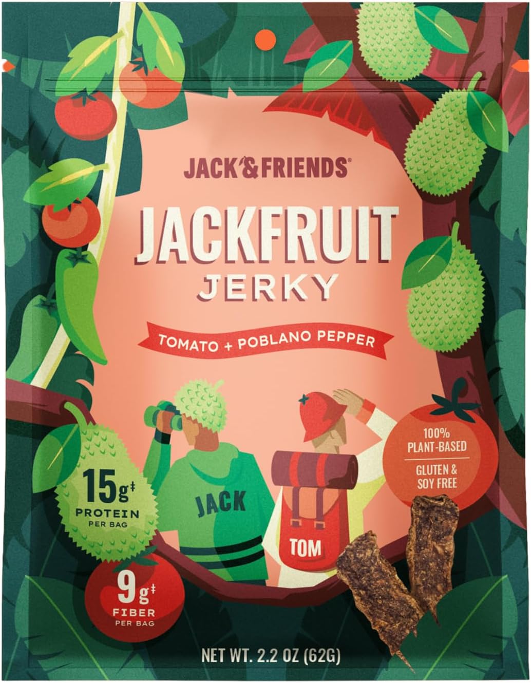 Jack & Friends Jackfruit Jerky - Tomatoes and Poblano Pepper - 15g Protein - 9g Fiber - 100% Plant Based Jerky - Gluten Free - Soy Free - Vegan - Low Sugar - All Natural Ingredients - 2.2 Oz (Pack of 1)