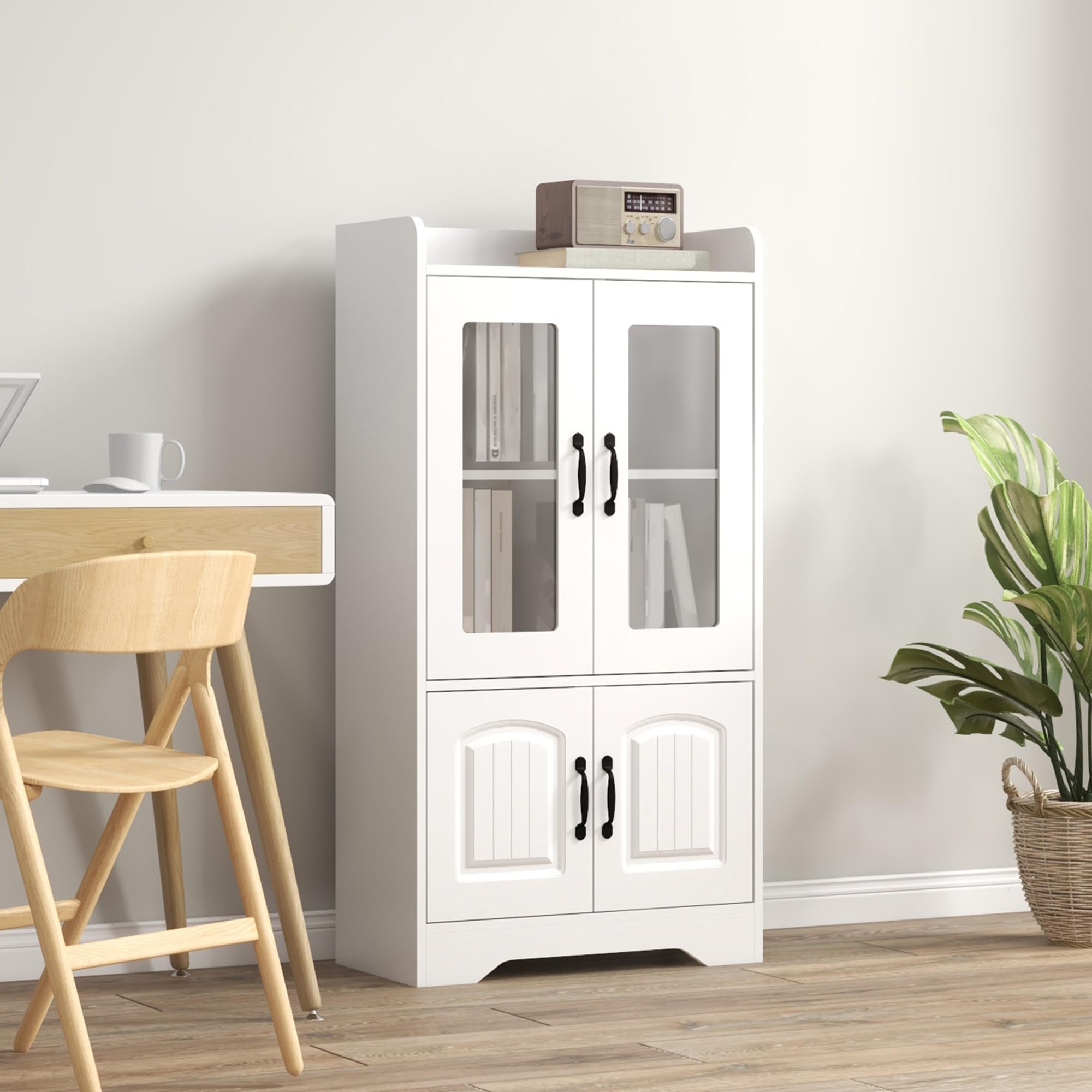 HOMCOM Vitrina de Salón Estantería Puertas de Vidrio 60x30x116 cm Blanco | Librería, Estante Ajustable, Bisagras de Cierre Suave, para Estudio Oficina Dormitorio
