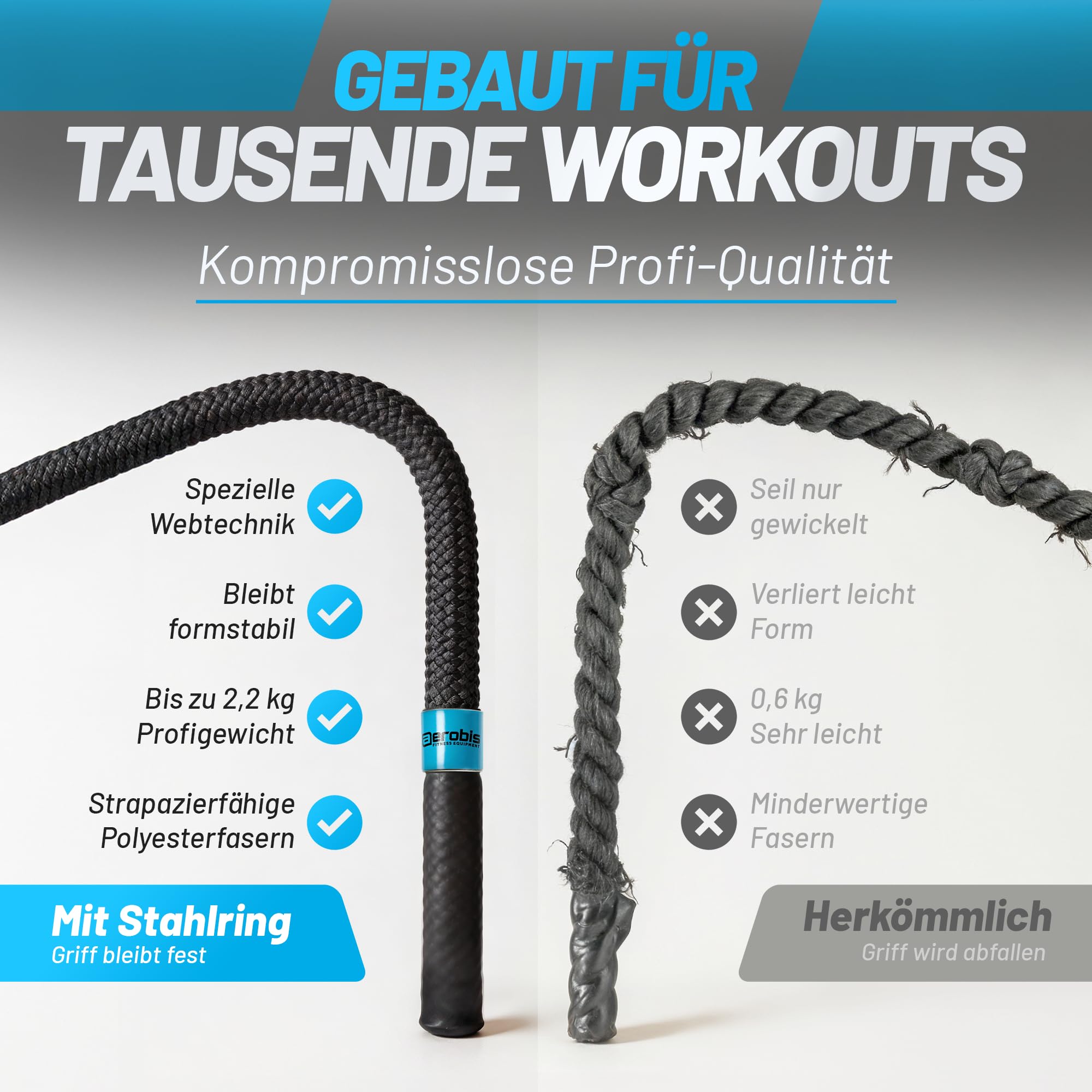 aerobis® - Springseil gewichtet - Battle Jump Rope mit innovativer Stahlring Fixierung - Indoor und Outdoor geeignet durch Wasserfestes Material, Springschnur Erwachsene Fitness