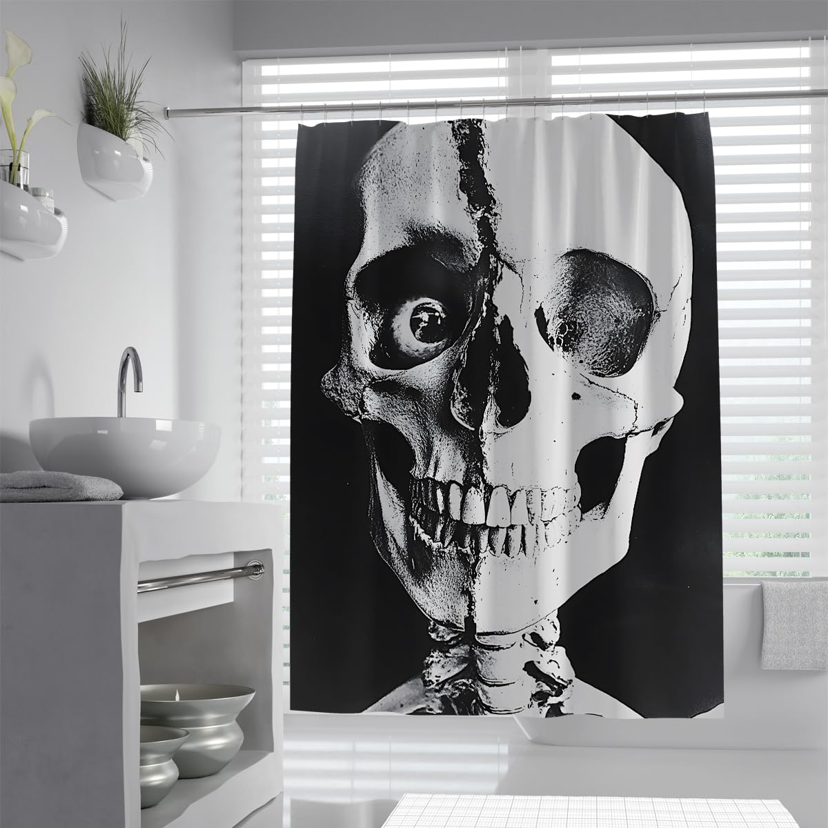 UIRINGART Black and White Skull Shower Curtain W120xL180cm Abstract Gothic Skeleton Anti Mould Mildew Resistant Waterproof Fabric Bathroom Curtain with Hooks