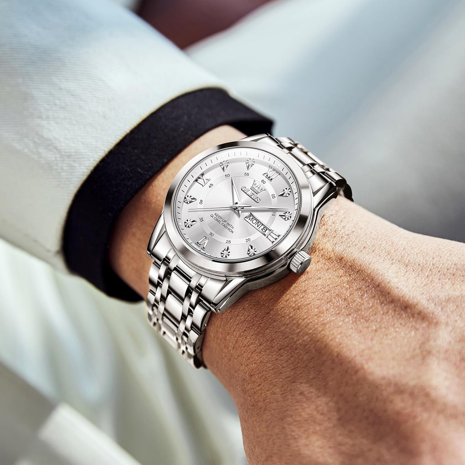 OLEVS Men's Stainless Steel Watch, Large Face Roman Numerals Diamond Accented Three-Hand Analog Quartz Watches for Men, Easy to Read Day Date Waterproof Luminous Mens Wristwatch - Image 9