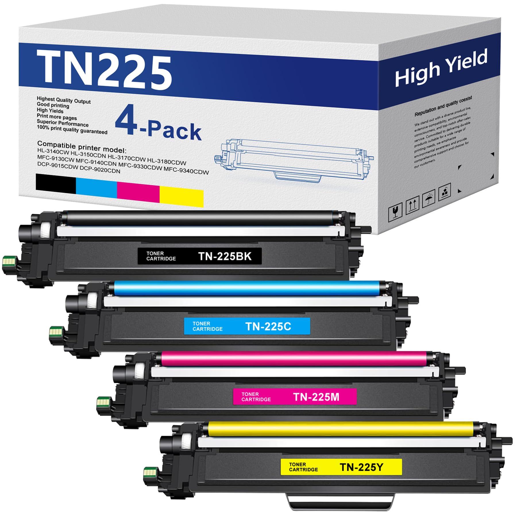 Photo 1 of TN225 Toner Cartridge 4 Pack - Replacement for Brother TN-225 Toner for MFC-9130CW, HL-3170CDW, MFC-9340CDW, HL-3140CW, MFC-9330CDW (1 Black, 1 Cyan, 1 Magenta, 1 Yellow)