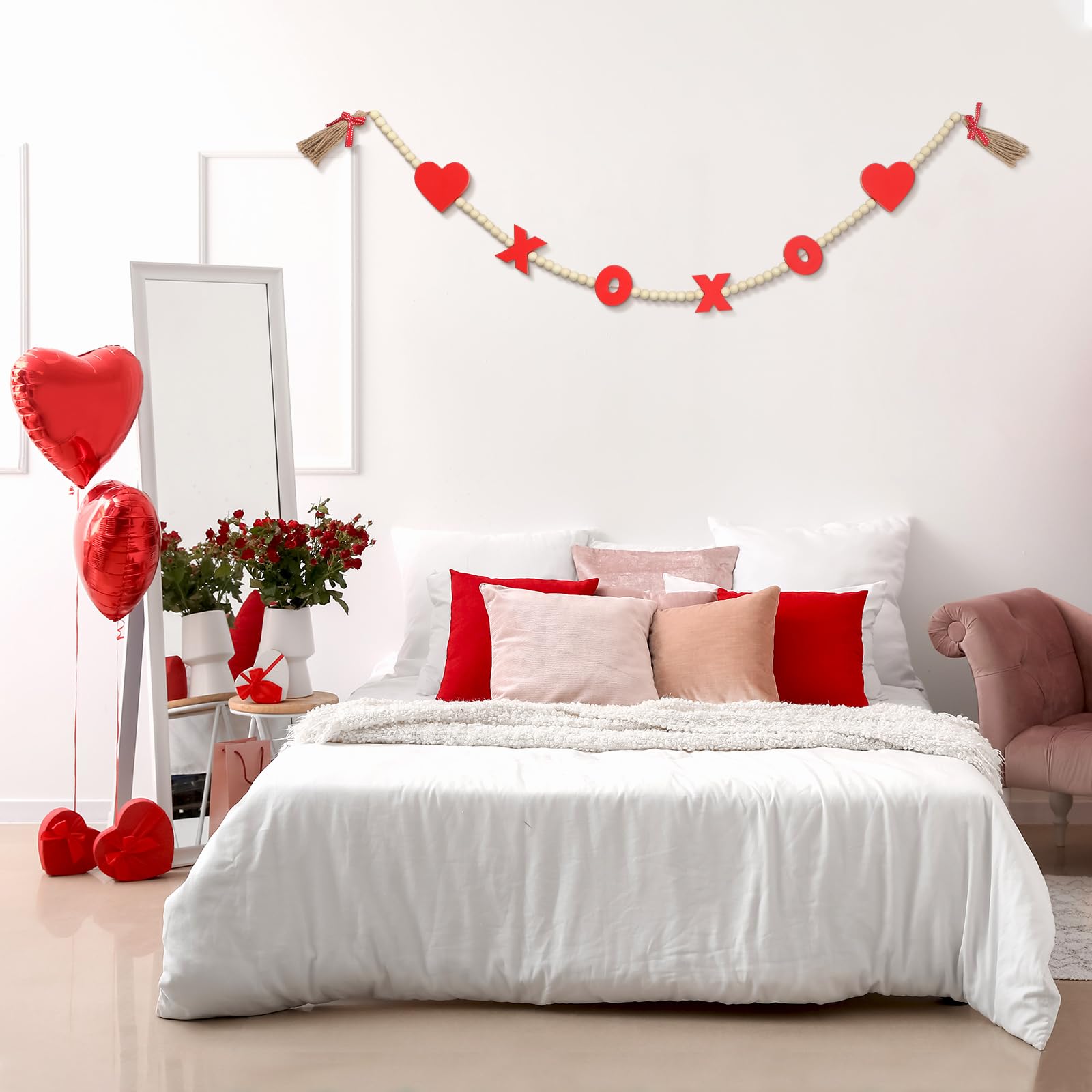 Wenqik 120 cm Valentinstag Holzperlengirlande mit Schleife, Quasten und Herzen Perlengirlande Dekor für Valentinstag Geschenk Hochzeit Displays abgestuftes Tablett Bauernhaus Heimdekoration
