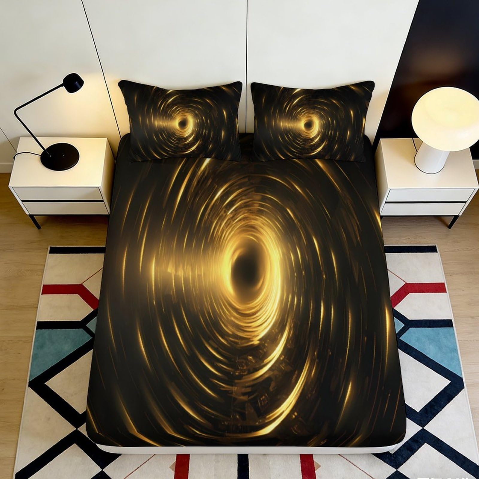 3D Printed Black Hole Vortex Fitted Sheet Microfiber Golden Swirl Bed Cover Anti-Slip Bedroom Decor Machine Washable 90x200x25cm