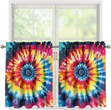 Tier Curtains for Small Window Treatment 27.5" Wide, Watercolor Tie Dye Short Blackout Curtain with Rod Pocket - Half Window Curtains for Kitchen, Basement, Camper, 2 Panels
