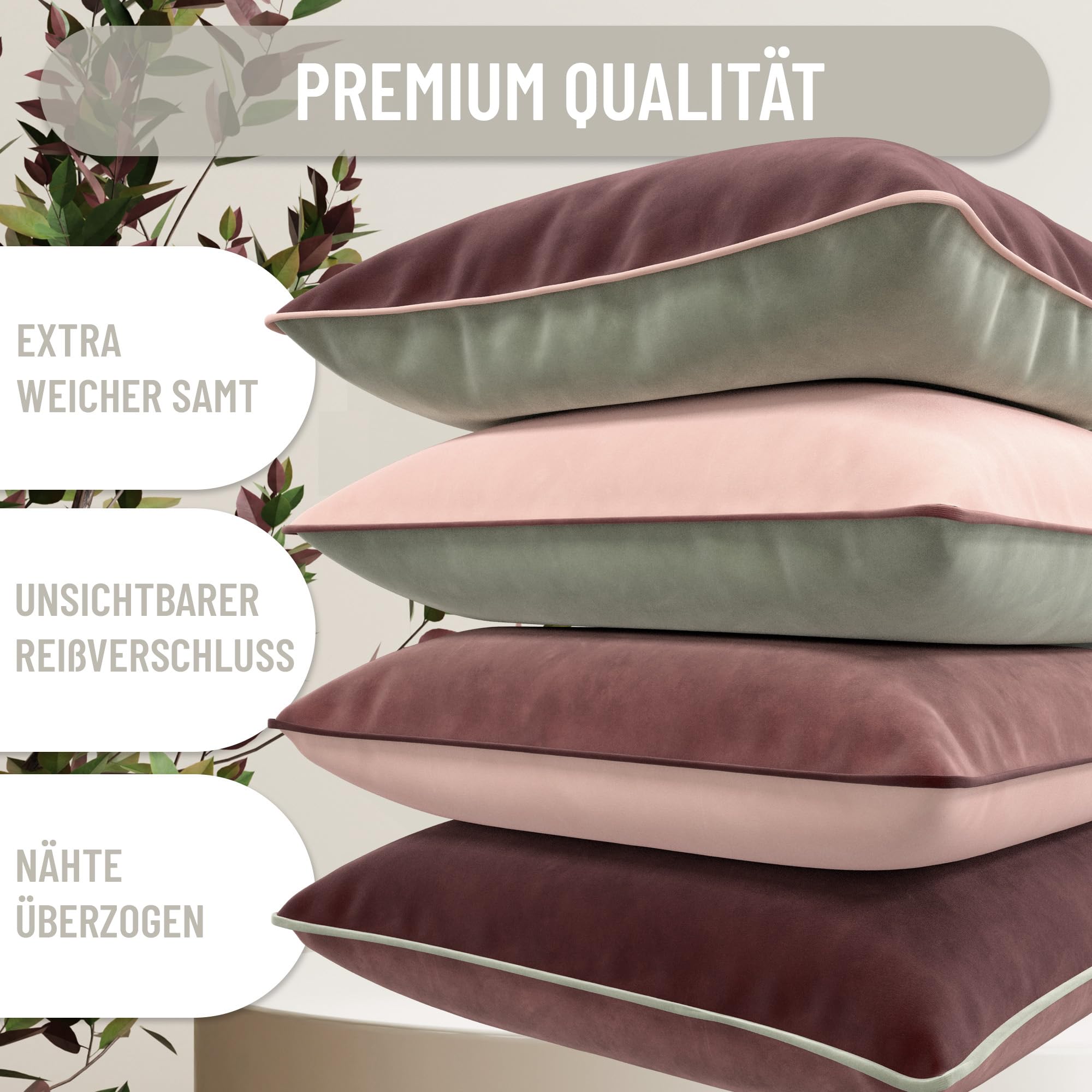 Kissenbezug-Set aus extraweichem Samt mit kontrastierendem Rand – modernes, doppelseitiges Design. Füllung Nicht enthalten.(Rosa und Grau, 45x45cm, 4 Stück)