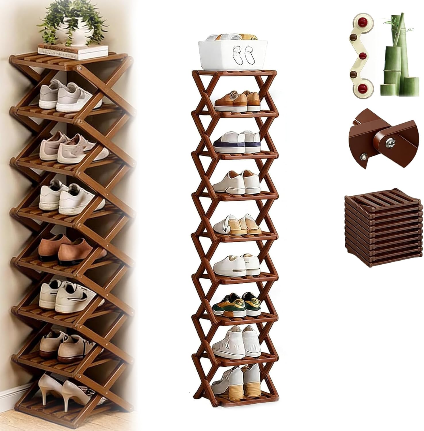 9 Tier Bamboo Shoe Rack - No Assembly Required, 2026 Upgraded Tall Narrow Foldable 9 Tier Shoe Organizer, Space-Saving Vertical Extendable Storage Shelf for Entryways, Corners (Brown, 9 Tier)