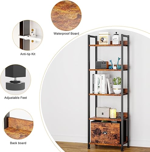 Miniatura 7 de Furologee Estantería de 5 niveles y mesita de noche con cajones de tela, estantería alta y estrecha con estantes, mesa auxiliar con estación de