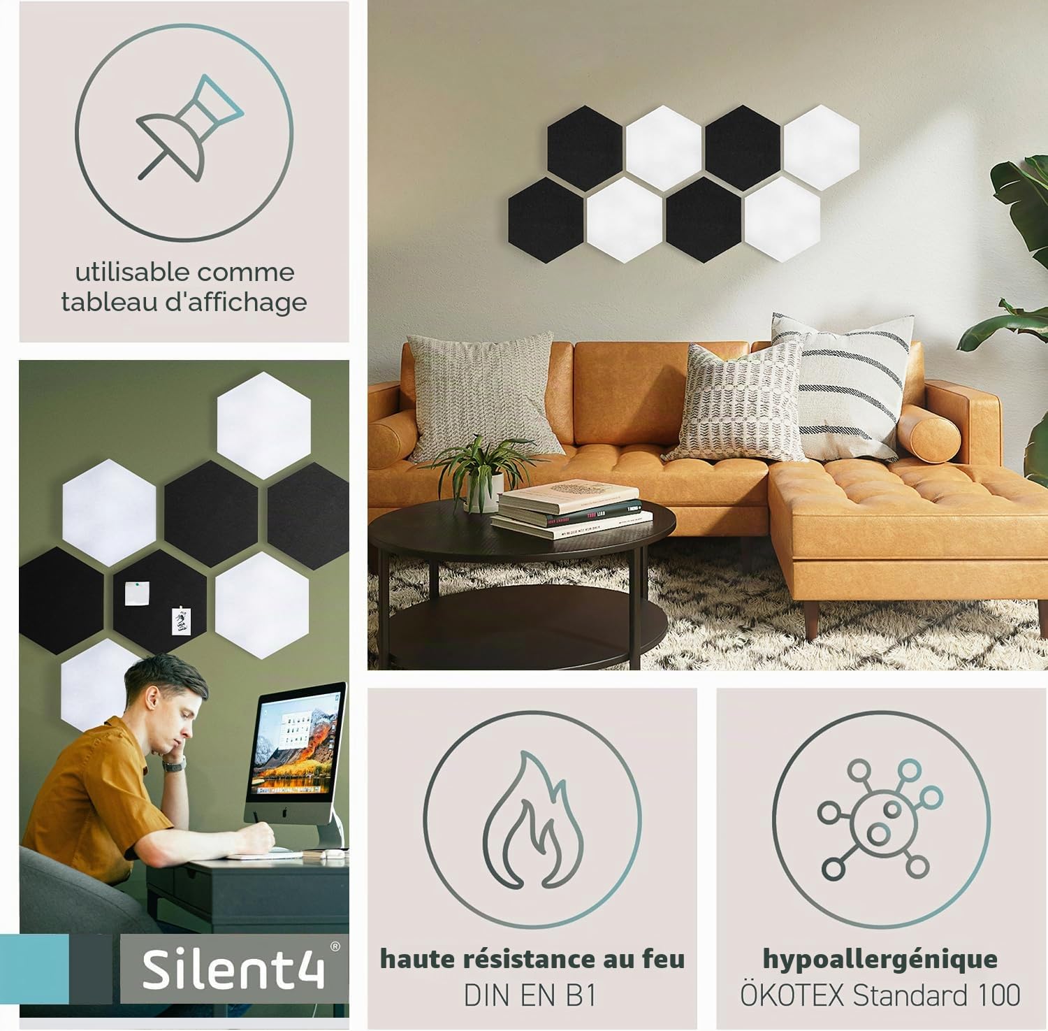 SILENT4® Hexagon Lot de 8 absorbeurs acoustiques muraux en non-tissé - Montage adhésif - Image acoustique blanche et noire - Meilleur son grâce aux panneaux acoustiques