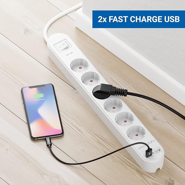 Marca: deleyCON deleyCON Regleta con 1,5 m, Seis Tomas, Puertos USB, Dos Salidas USB-A para Cargar Móvil y Tableta, Protección contra Sobretensión, Interruptor, Blanco in use