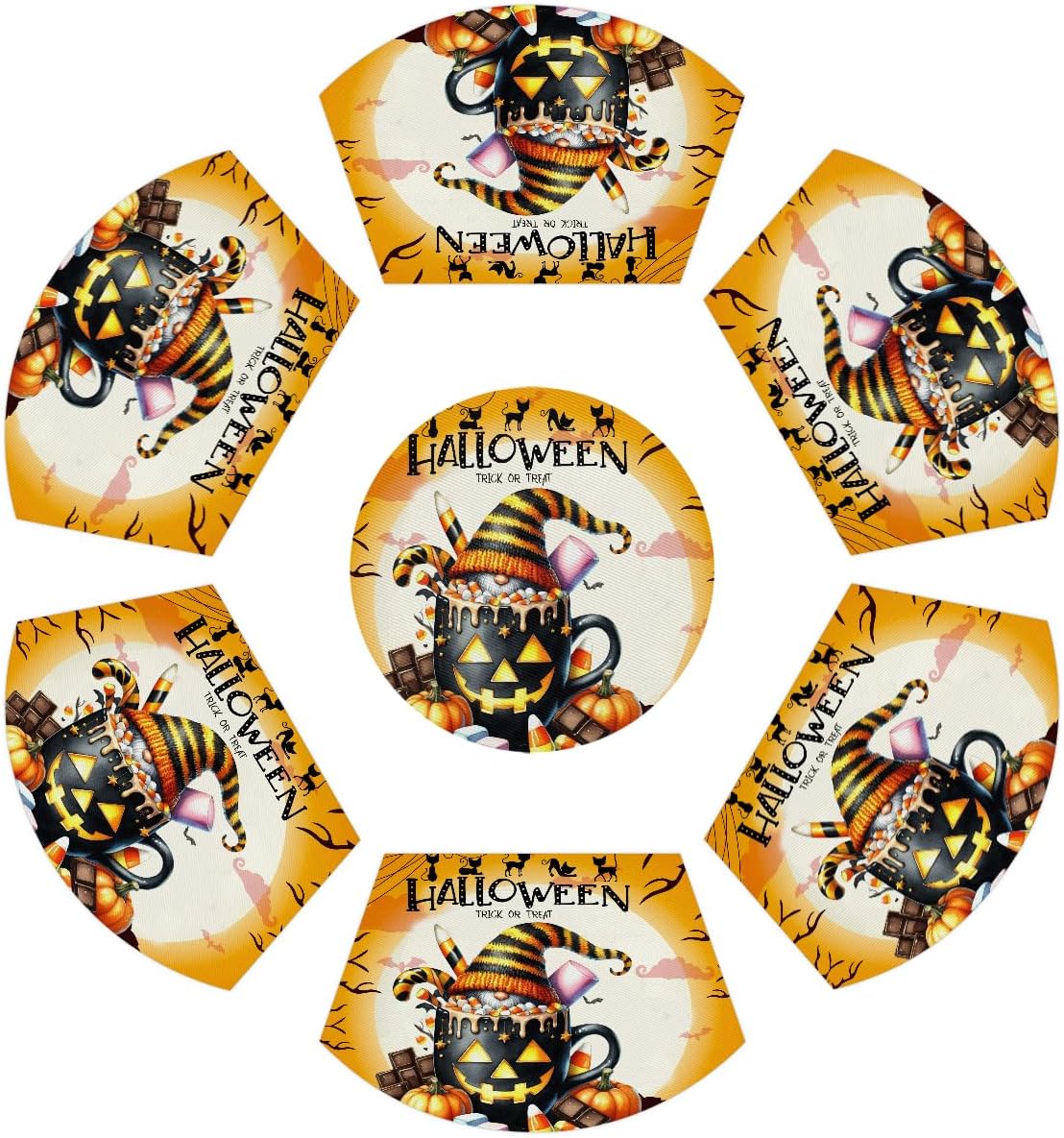 Halloween Pumpkin Moon Wedge Placemats Set of 6+1pcs PVC Washable Wedge Place Mats Round Table Mat Wipeable Plastic Dining Table Mats for Kitchen Indoor Outdoor Patio Table Decor,E-8