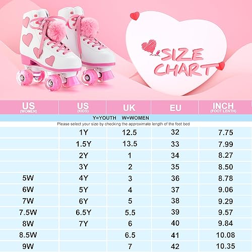 Miniatura 4 de Patines clásicos para mujeres y niñas con ruedas iluminadas y patrón de corazón de amor, patines de cuero PU de caña alta..