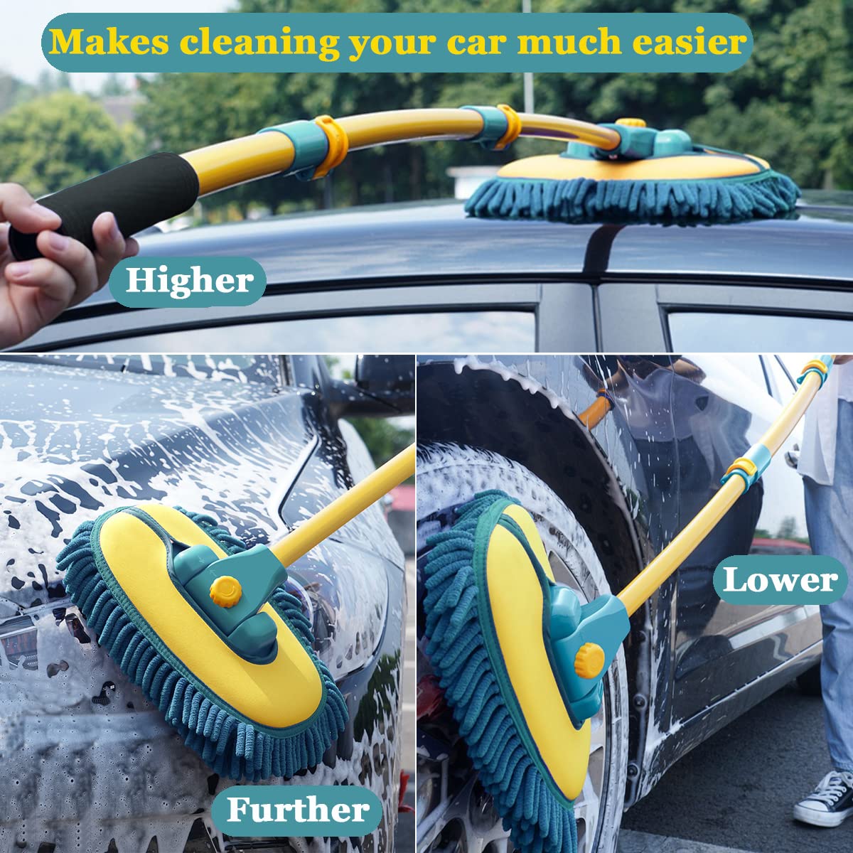 BMLEI Brosse De Lavage De Voiture Avec Long Manche, Kit De Lavage De Voiture En Microfibre, Gant De Lavage De Voiture Avec 1 Tête De Rechange, Kit De