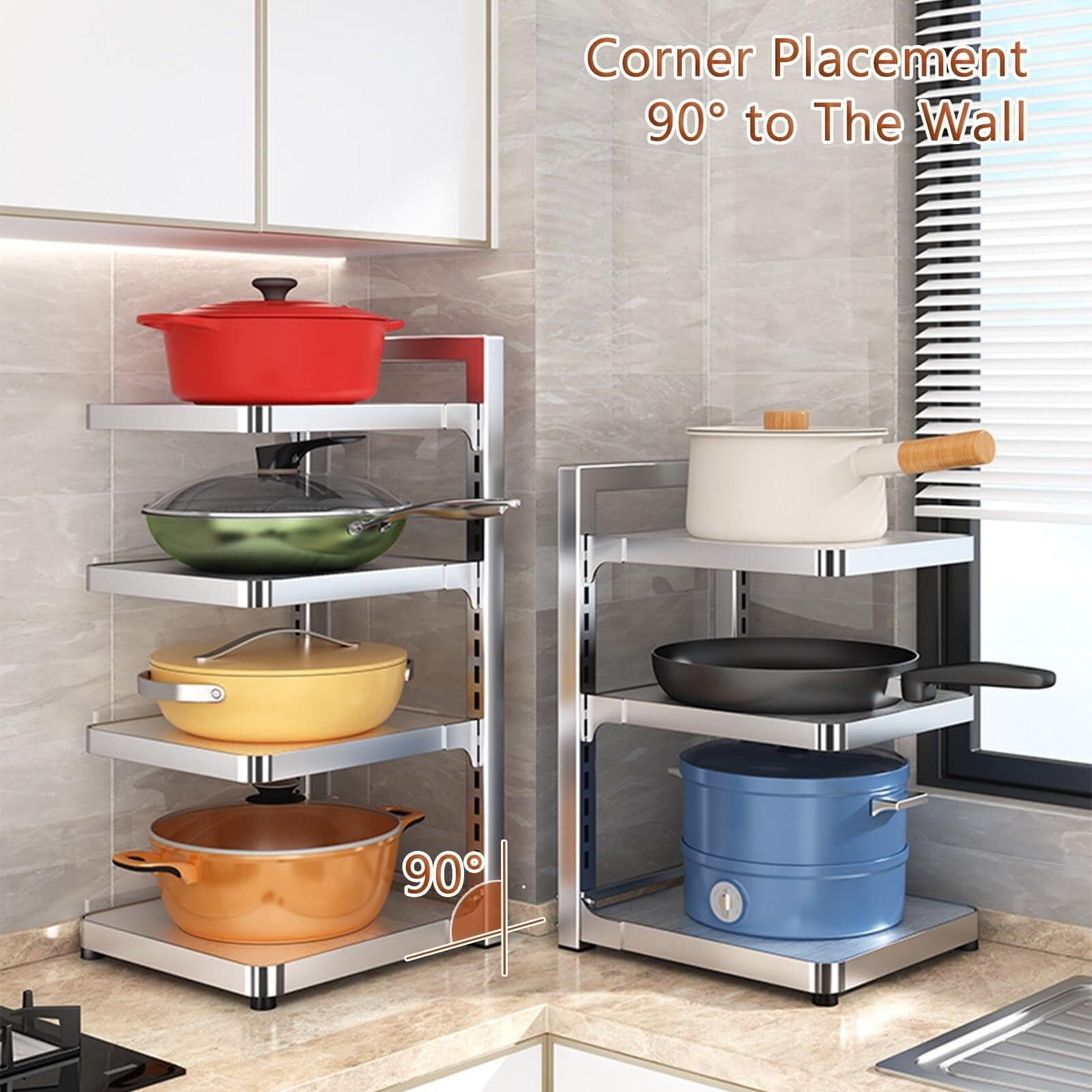 Unterschrank Organizer Edelstahl, Vorratsschrank Organizer Mehrstufig | Küchen Organizer Schrank Höhenverstellbar, Topf Organizer Hoch Belastbar, Schrankregal Abnehmbare Ebenen(4-Tier)