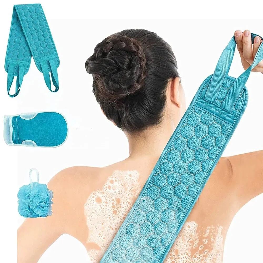 TARTAMYA Bath Shower Exfoliating Set, Back Scrubber Strap, Bath Glove Mitt and Mesh Loofah Sponge, Body Cleaning, Dead Skin Removal and Massage Spa Kit 1