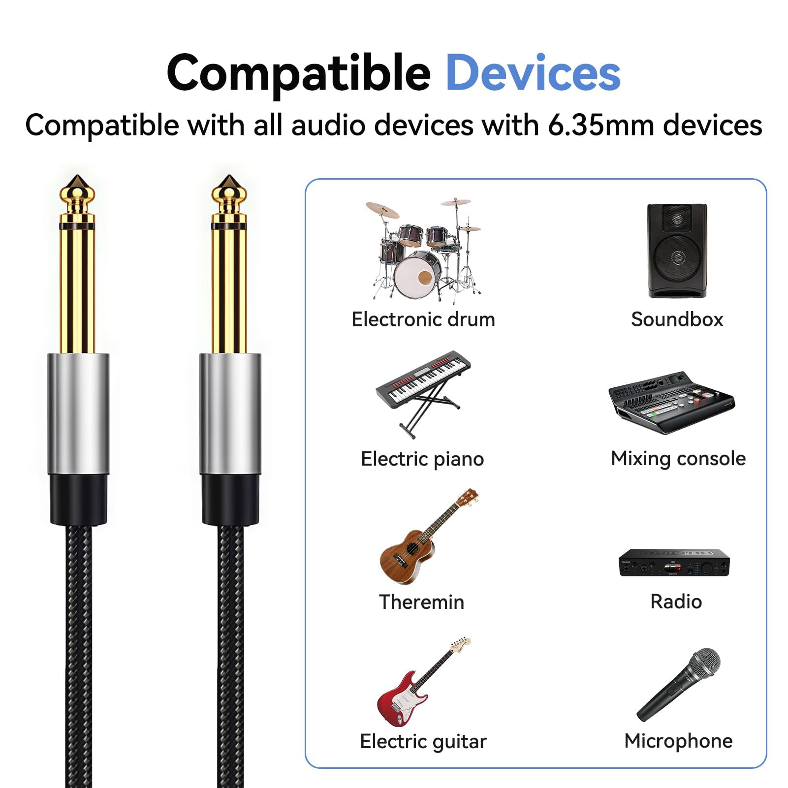 2 Pack Guitar Cables, 1/4 Inch Instrument Cable With 6.35mm Straight Ts Jack - Image 4