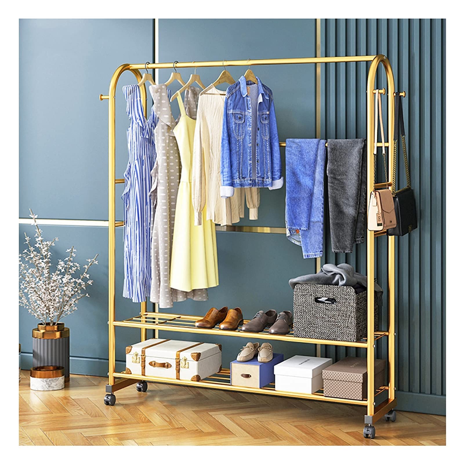 YNBSHGAA Metal Clothes Rail Rack with Wheels for Bedroom and Livingroom/Gold/100cm Heavy Duty Garment Dress Coats Jackets Drying Rack,Gold-120cm