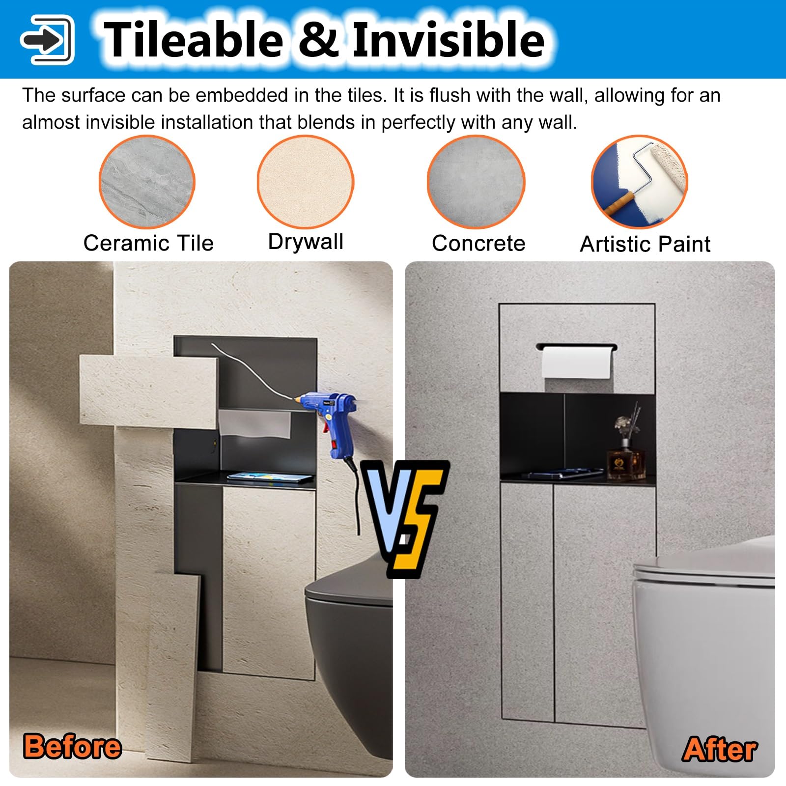 Nicho de pared para baño, cubo de basura oculto 4 en 1 y estante de almacenamiento de caja de pañuelos, gabinete dispensador de papel higiénico empotrado, ahorro de espacio