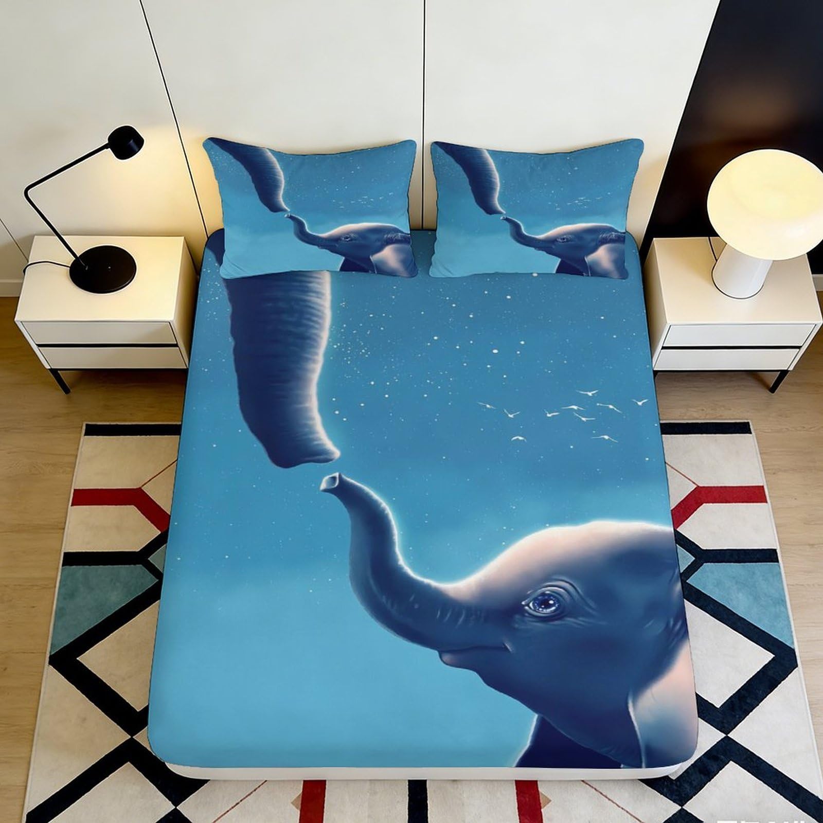 3D Printed Elephant Family Fitted Sheet Microfiber Soft Blue Artistic Bed Cover for Bedroom Guest Room Decor 90x200x25cm