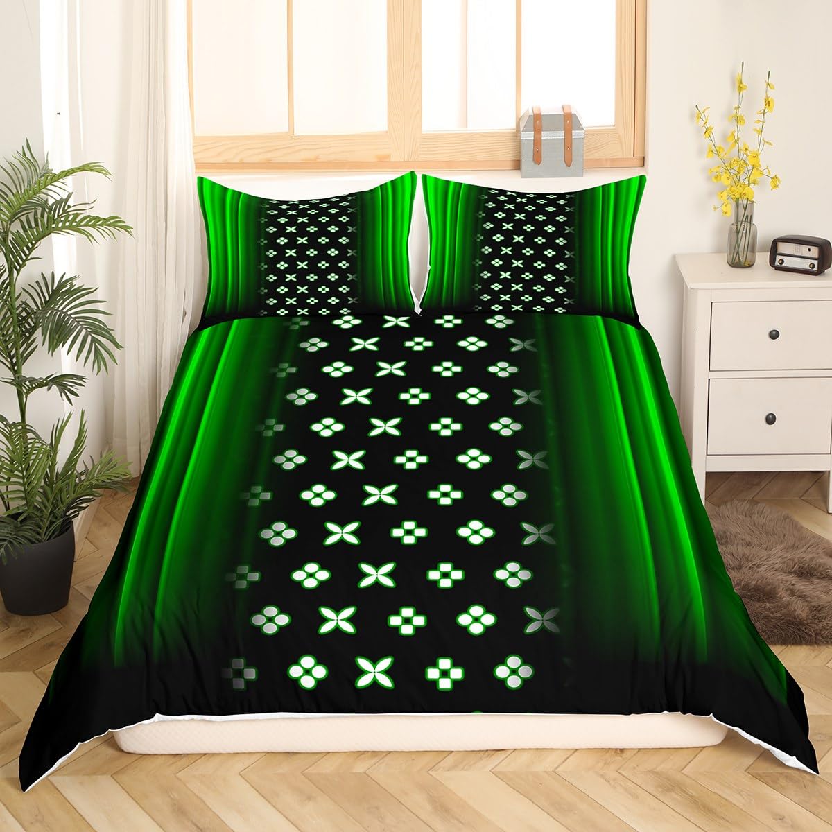 Feelyou Ombre Duvet Cover Lucky Clover Bedding Set for Kids Boys Girls Green Decor Comforter Cover Geometric Bedspread Cover 2Pcs Twin Size