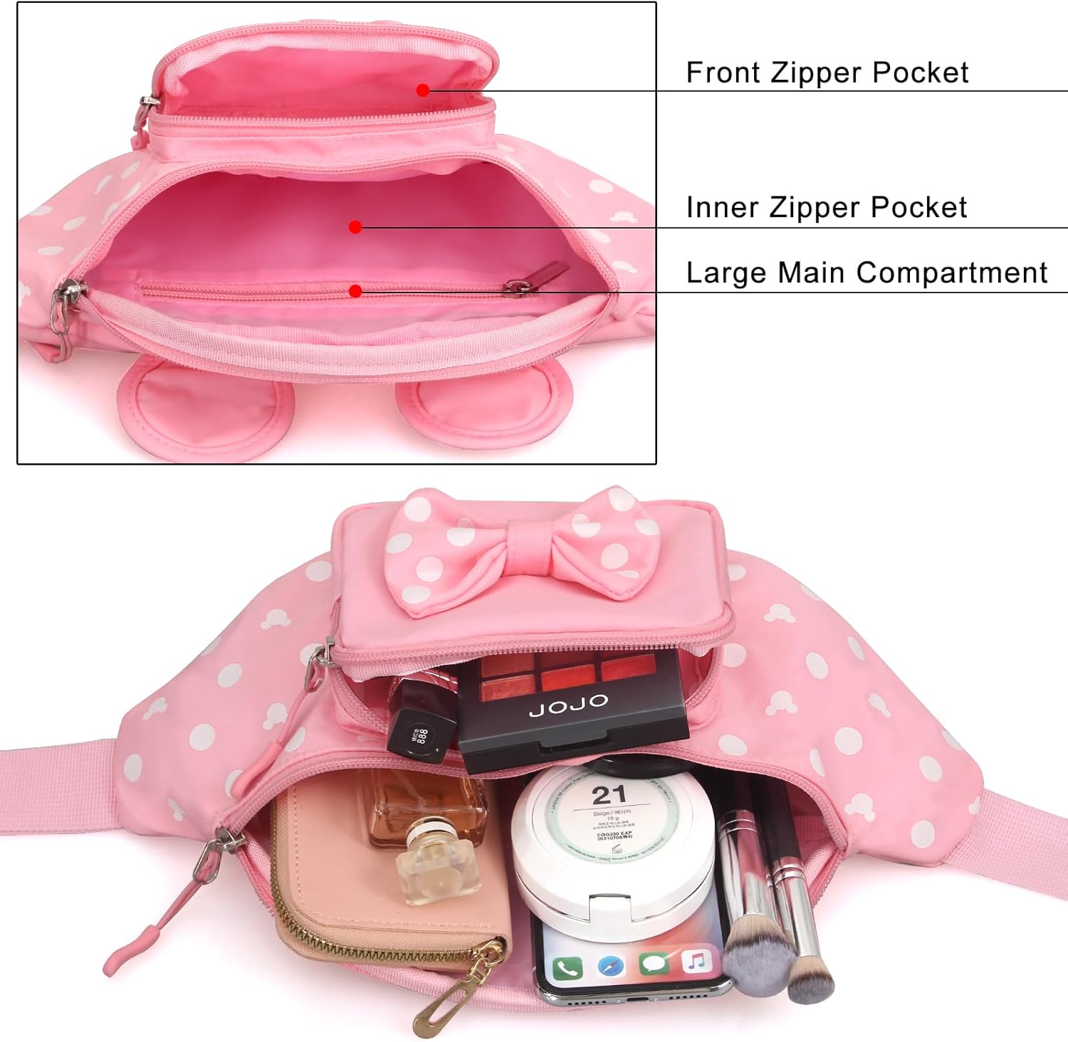 Pink Fanny Pack for Women Teen Girls Mini Mouse Fanny Pack Cute Bowknot Polka Dot Waist Pack Outdoor Travel Waist Bag Cartoon Hiking Belt Bag Bum Bags with Mouse Ears - Image 3