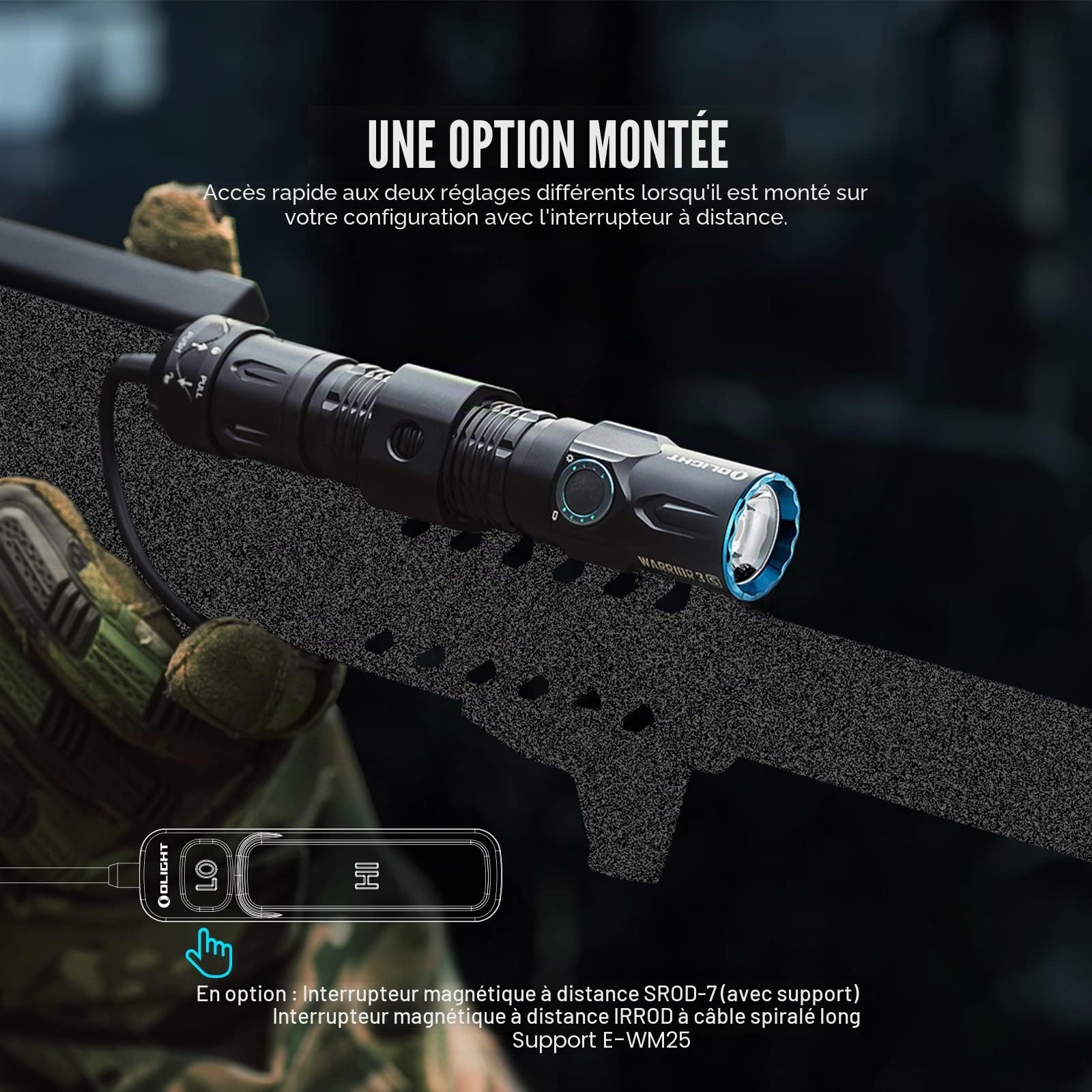 Olight Warrior 3S Lampe Torche Tactique Lampe de Poche 2300 Lumens Puissante Double Interrupteur Rechargeable avec un Capteur de Proximité pour l'Extérieur, le Camping, la Randonnée (Noir)