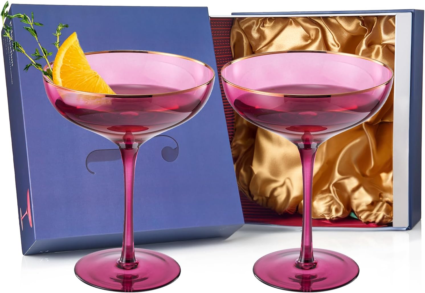 Colored Sunset Purple & Gilded Rim Coupe Glass, 9oz Cocktail & Champagne Glasses 2-Set Vibrant Color Gold Vintage Tumblers, Margarita, Glassware Gift Idea Gifts for Mom, Him, Wife, Housewarming Coupes
