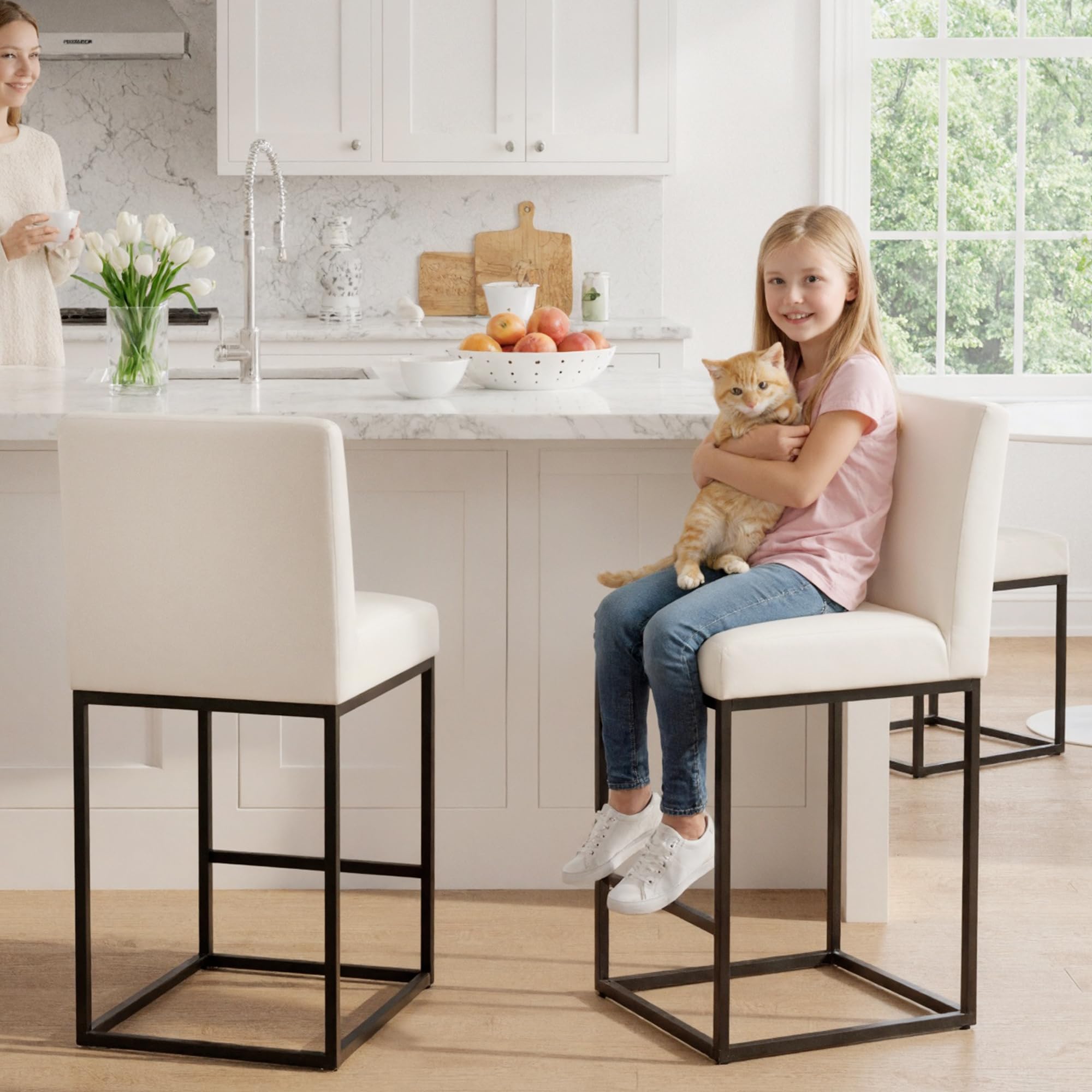 HNY Modern Counter Height Bar Stools Set of 2, Leather Upholstered Barstools with Back, 27 Inch Tall Bar Chair with Armless for Kitchen Island, with