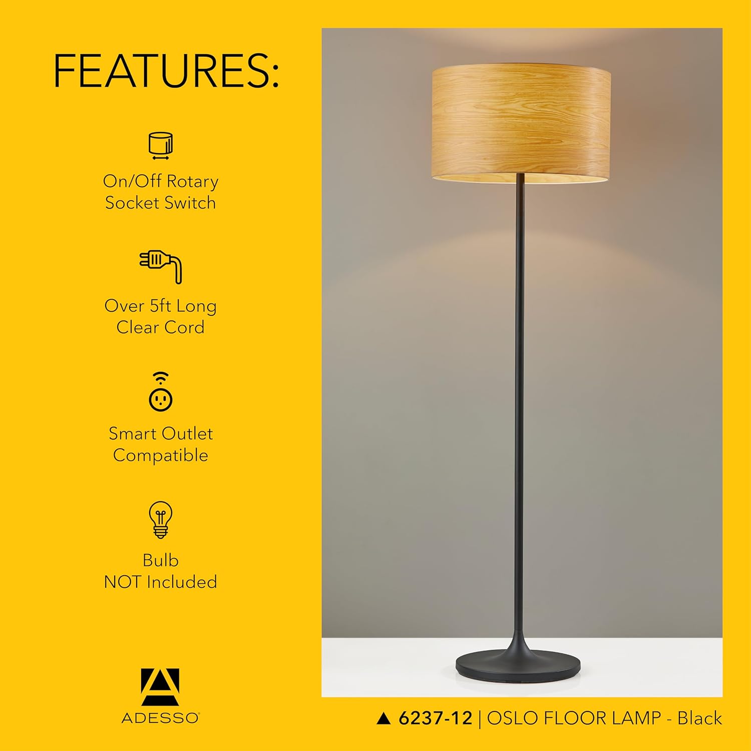 Adesso Floor Lamp with Scratch Proof and Corrosion Resistant Body - Perfect Lighting for Bedroom, Living Room and Corner Decor, Matte Black