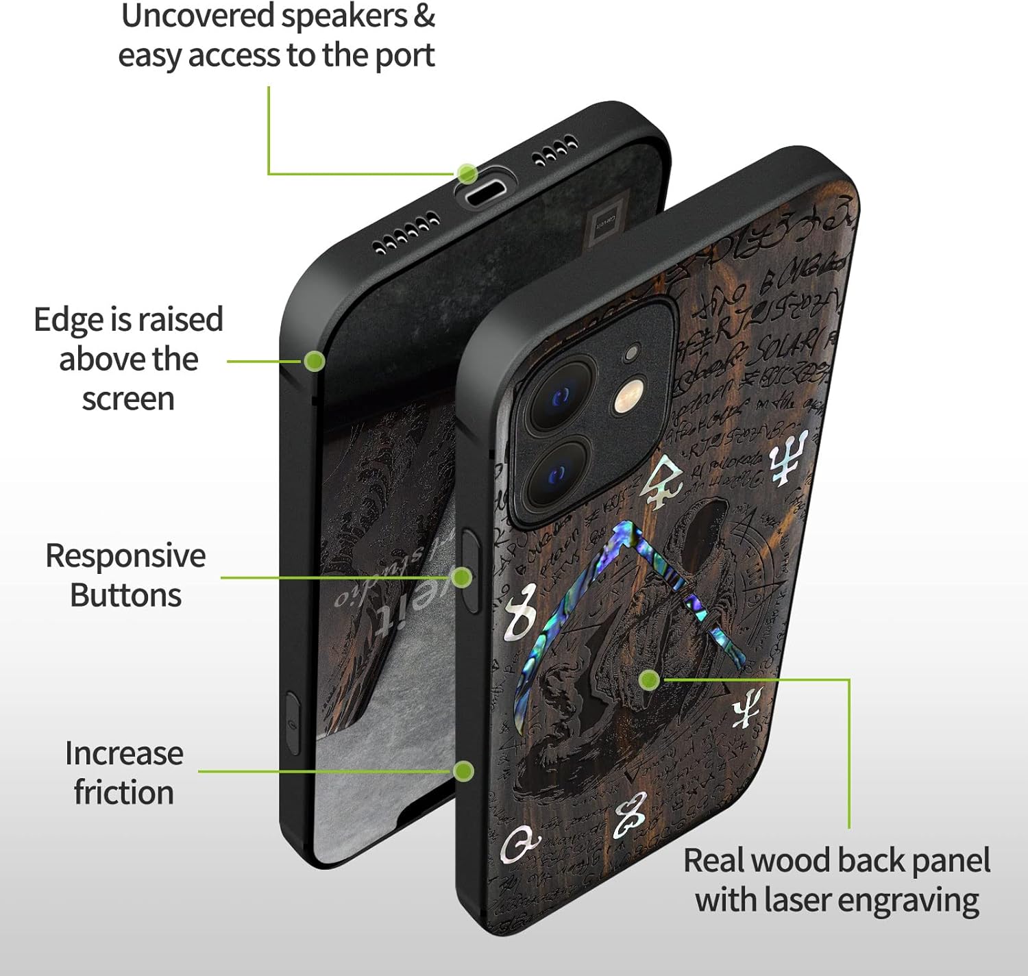 Carveit Designer Wooden Protective Case for iPhone 12 Magnetic Cover [Wood Engraving & Shell Inlay] Compatible with iPhone 12 MagSafe (Grim Reaper-Blackwood)