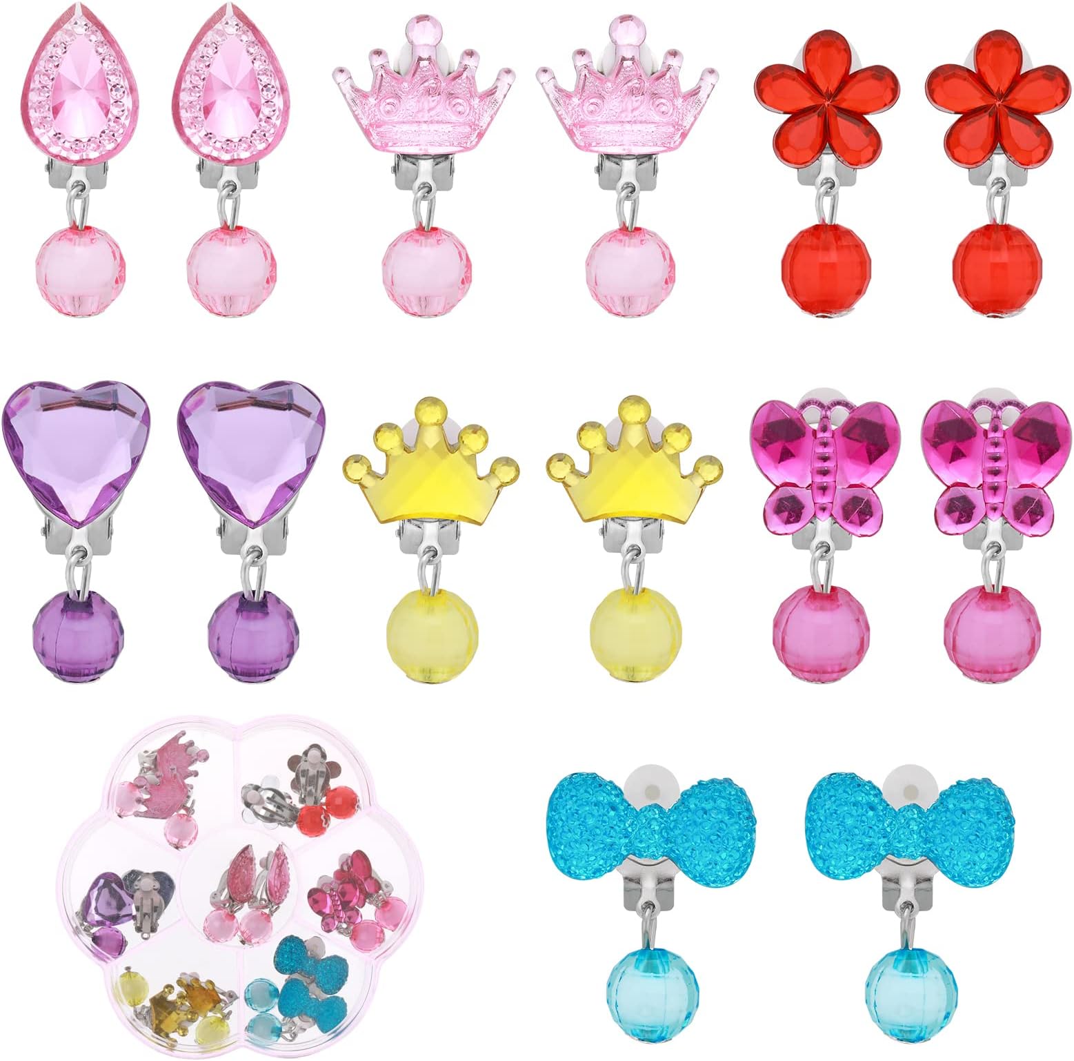 Grevosea 7 Pairs Clip On Earrings for Girls, Girls Jewelry Dress Up and Princess Play Earrings Set for Kids, No Pierced Design Jewelry Accessories for Party Favors, Birthdays, Day Gift Boxed, Acrylic