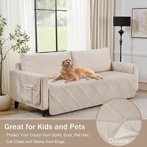 Miniatura 7 de Funda de sofá sin espalda para perros con bolsillos, funda antideslizante acolchada de diamante para sofá de 3 cojines, fundas de asiento lavables