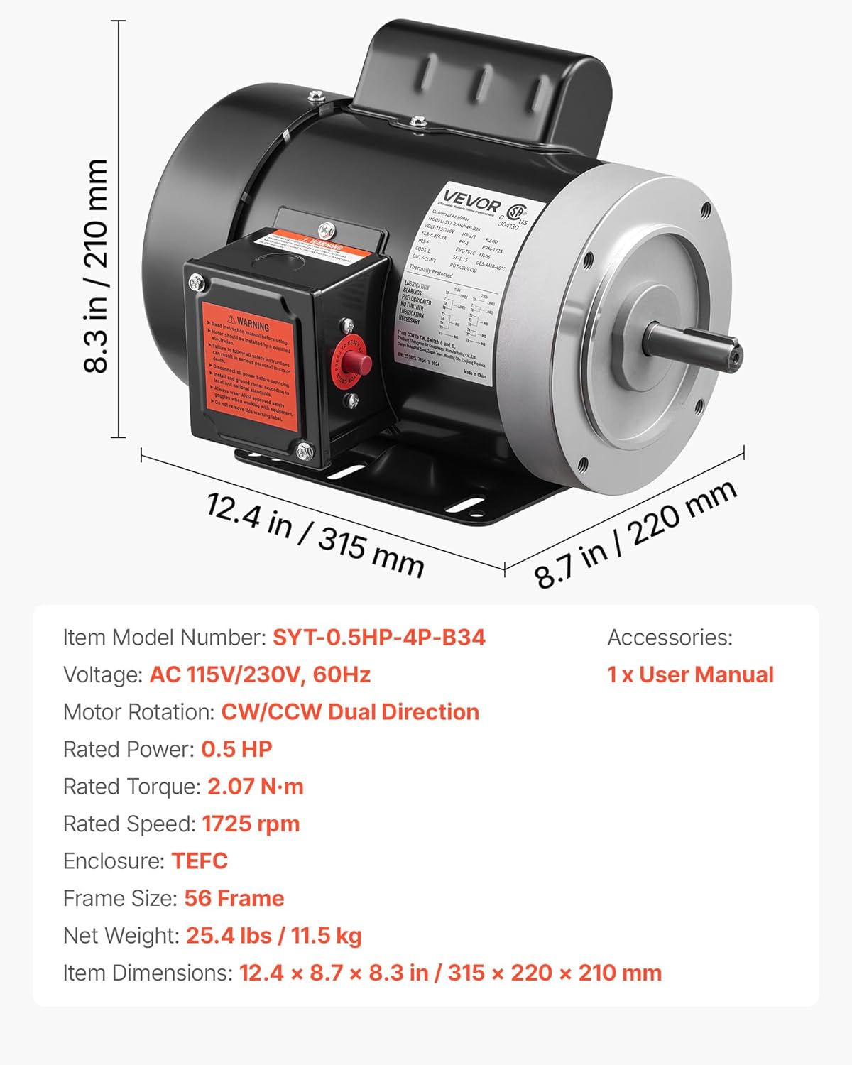VEVOR 0.5 HP Electric Motor, 1725RPM Air Compressor Motor, CW/CCW Rotation, 5/8 inch Shaft Diameter, 1.88inch Shaft Length, 2.07N.m Torque, Single-Phase, TEFC Cooling, 115V/230V, 56 Frame