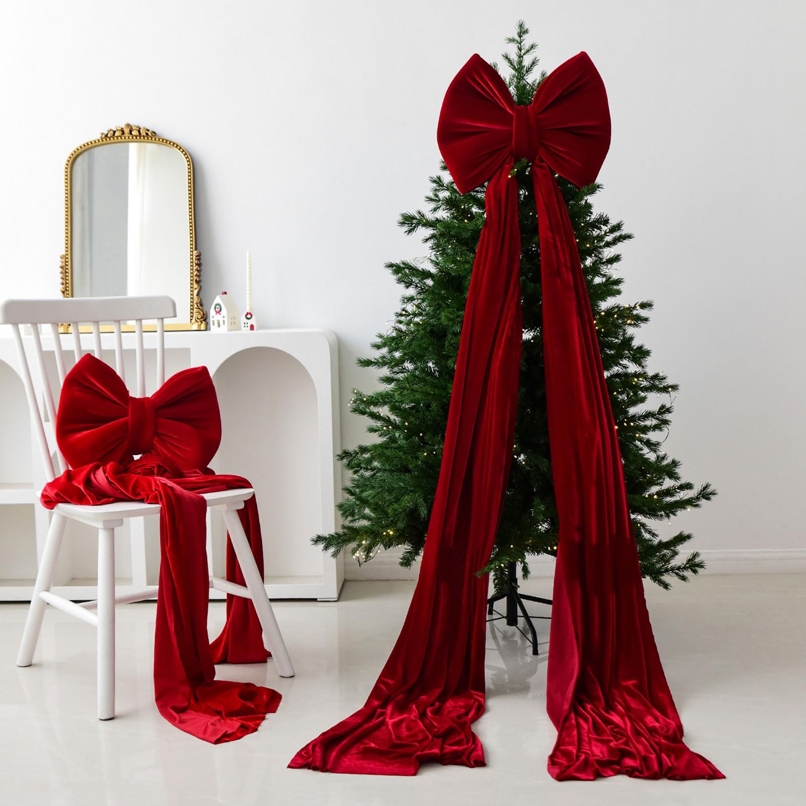 Fiocco Di Natale in Velluto, Fiocco Gigante per Albero Di Natale 80 * 40 Cm, Decorazioni Natalizie per Ghirlande Su Porte, Davanzali, Caminetti, Scale, Matrimoni- Rosso