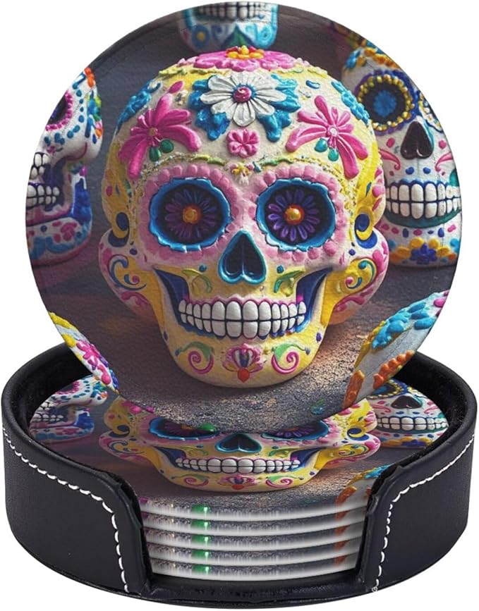 Drink Coasters Set of 6 Round Leather Coaster with Holder Sugar Skulls Coasters for Drinks Absorbent Coaster Set Tabletop Protection Decorative Coffee Cup Pad for Table Bar Home Decor