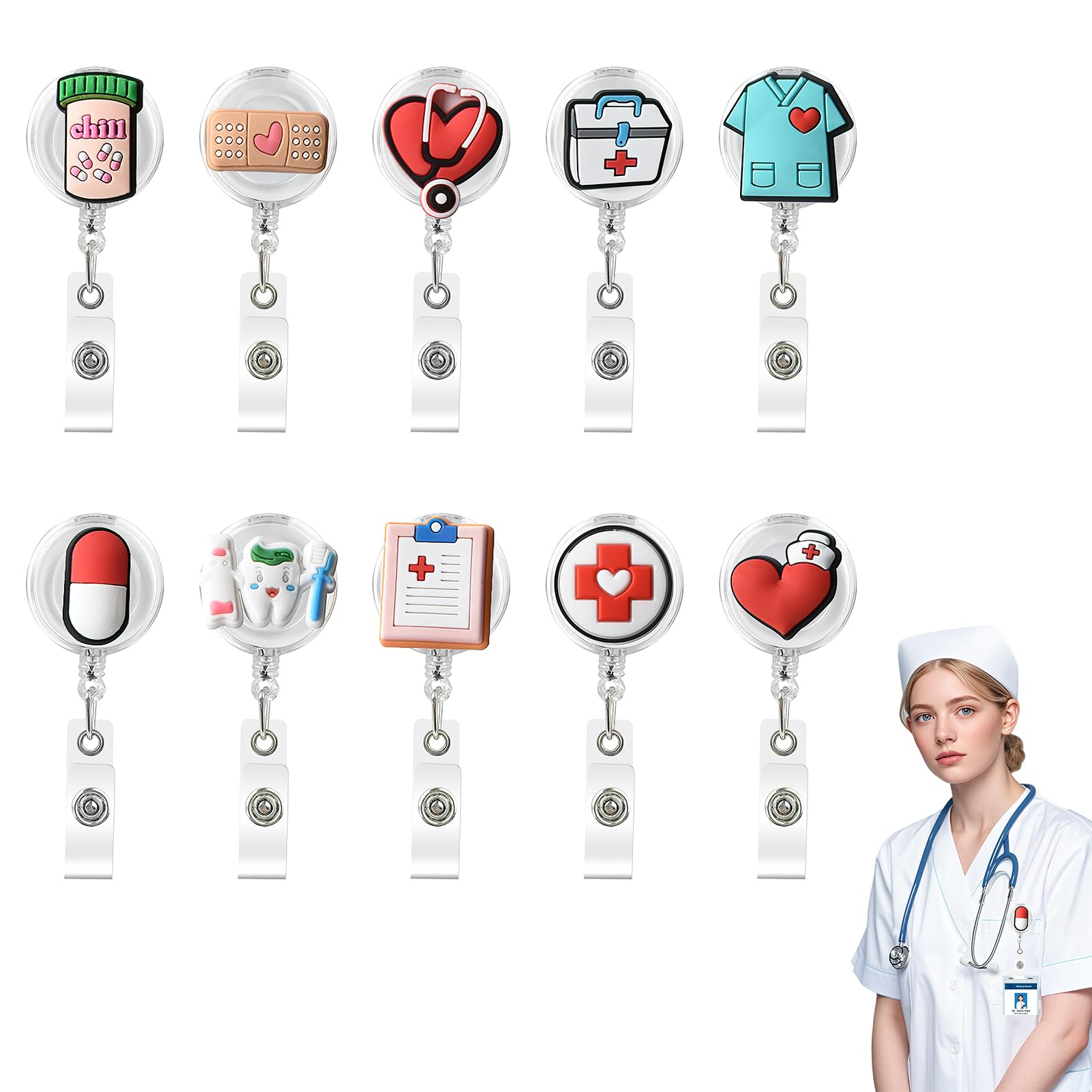 10 Pcs Badge Reel Holder Nurse, Retractable Lanyard Clip Nurse Badge Reels, Nurse Lanyard and Id Card Holder for Nurses Day Gifts, Retractable Badge Reels for Hospital Nurses Doctor School Teacher