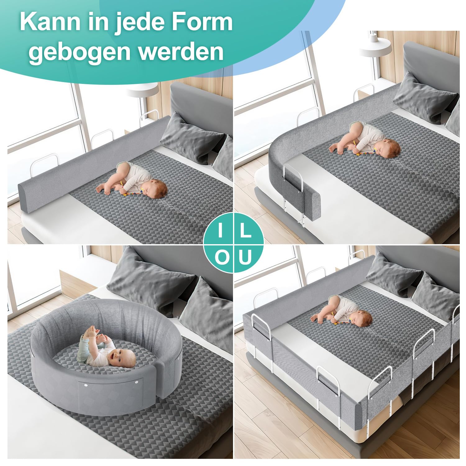 Bettgitter Bettschutzgitter 200 cm, Rausfallschutz für Kinderbett und Familienbett, 5-Fach höhenverstellbar 40-60 cm, biegsames weiches Bettgitter mit 4 Halterungen, Grau