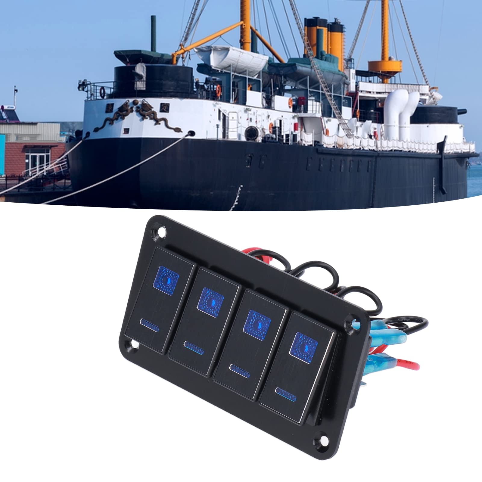 4-Gang-Wippschalter-Panel-Kippschalter mit LED-Hintergrundbeleuchtung, Schutzart IP65, für Motorboote, Autos, LKWs, Yachten, Schwarzes ABS-Material
