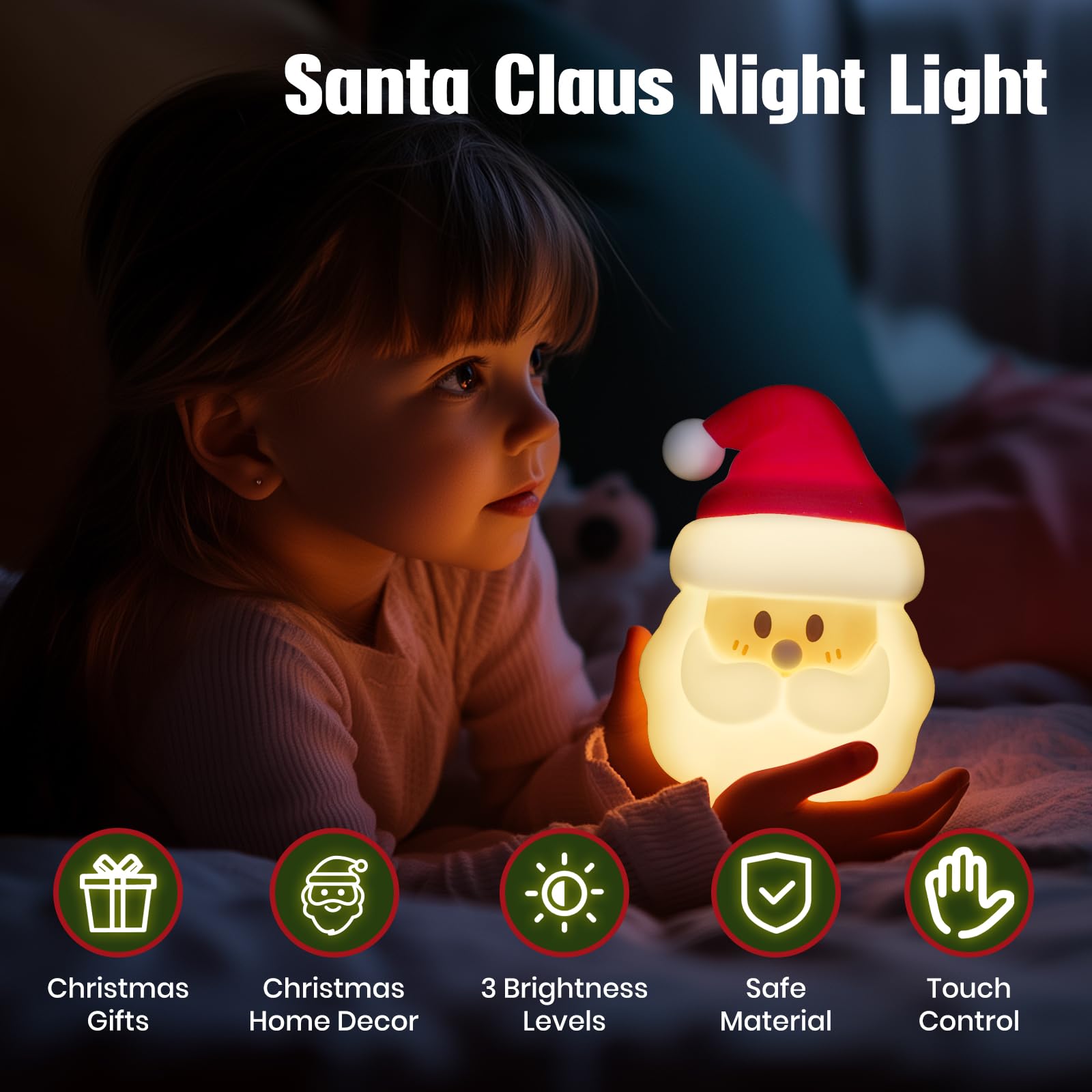 Linda luz nocturna de Papá Noel, lámpara de noche de silicona para guardería, regulable, recargable, regalo de Navidad divertido para niños, lámpara activada por tacto, decoración de Navidad